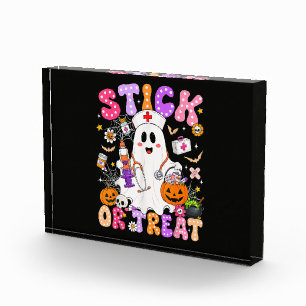 Funny Stick Or Treat Cute Nurse Ghost Halloween Photo Block