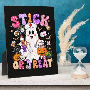 Funny Stick Or Treat Cute Nurse Ghost Halloween Plaque