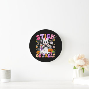 Funny Stick Or Treat Cute Nurse Ghost Halloween Round Clock