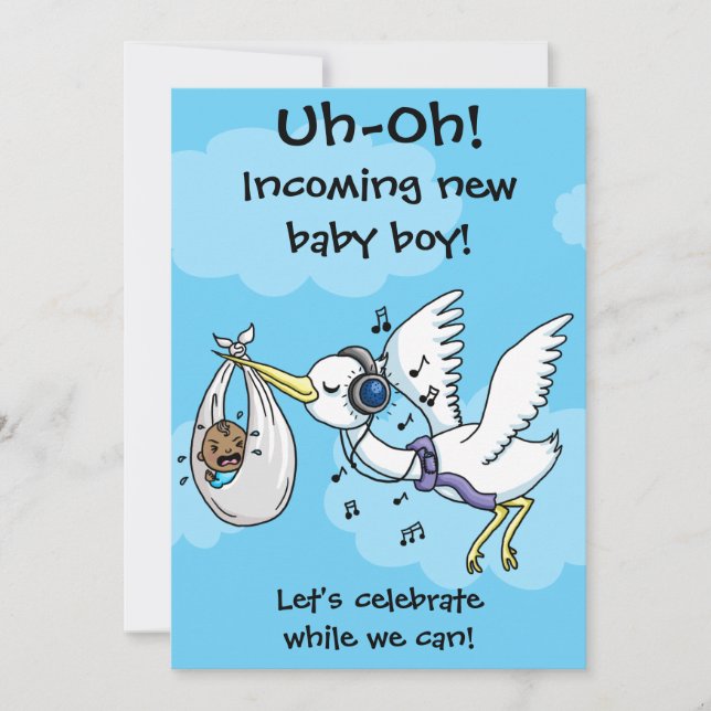Funny stork and screaming baby shower card (Front)