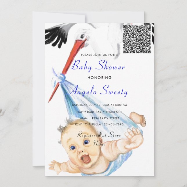 Funny Stork Baby Shower Invitation with QR Code (Front)