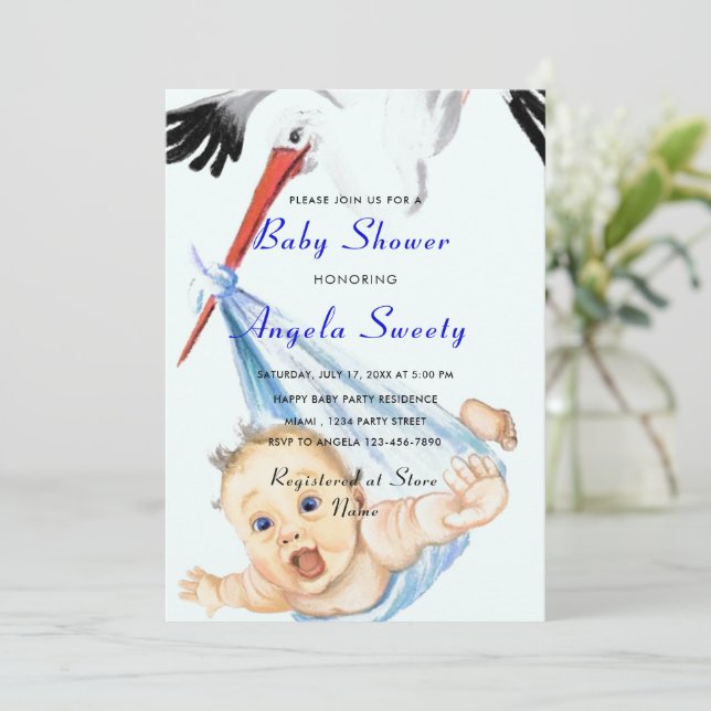 Funny Stork Carrying Baby Boy Shower Invitation (Standing Front)