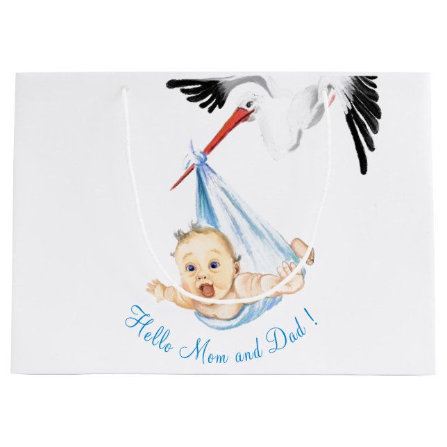 Funny Stork Carrying Baby Gift Bag - Custom Text (Front)