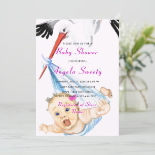 Funny Stork Carrying Baby Girl Shower Invitation
