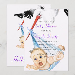 Funny Stork Carrying Baby Shower Invitation