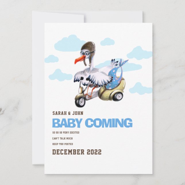 Funny Stork Girl Simple Cute Modern Pregnancy Anno Announcement (Front)