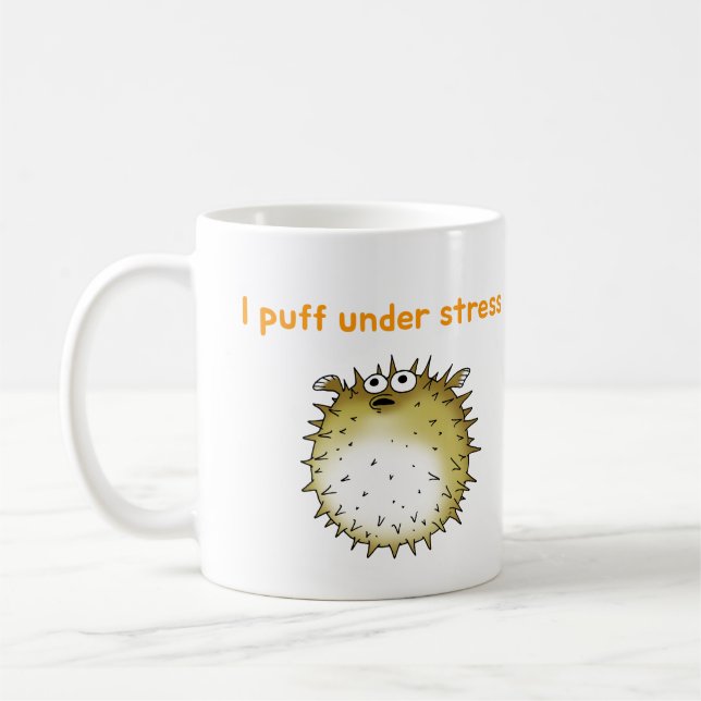 Funny Stressed Pufferfish Cartoon Coffee Mug (Left)