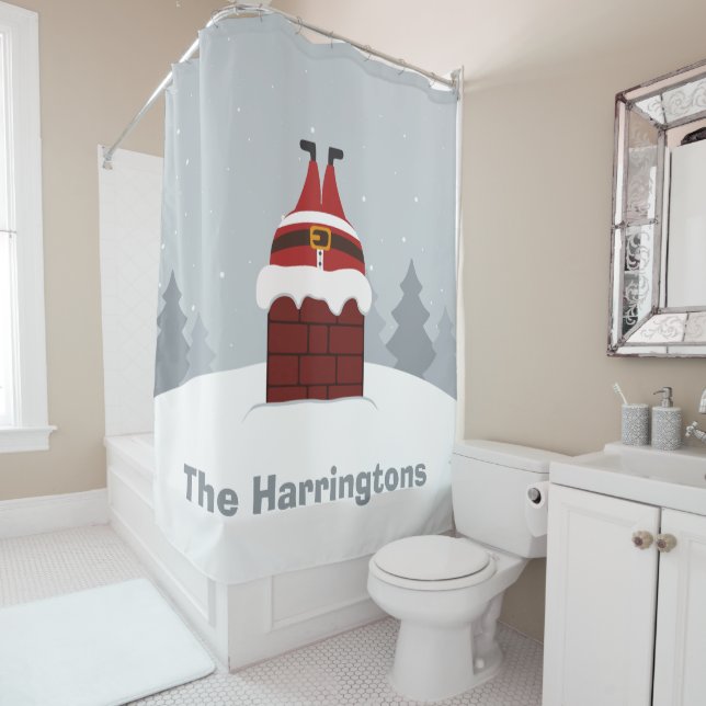 Funny Stuck Santa custom name shower curtain (In Situ)
