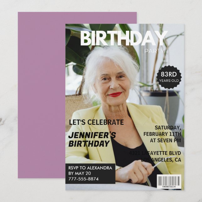 Funny  Stylish Photo Magazine 83rd birthday Invitation (Front/Back)
