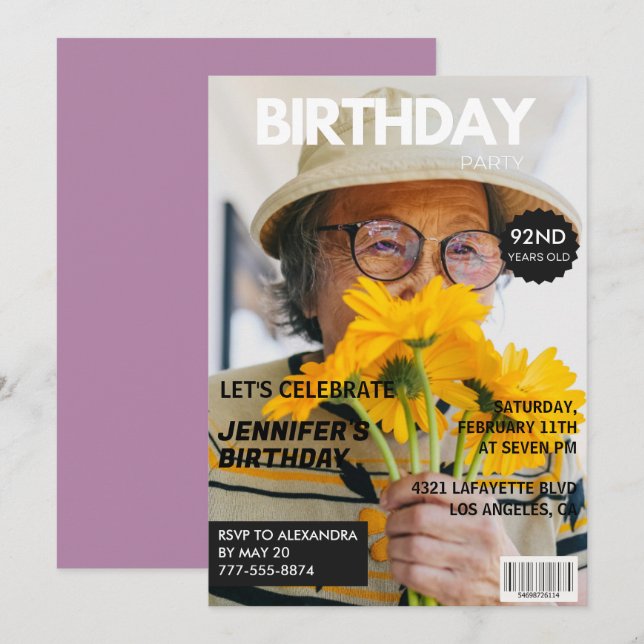 Funny  Stylish Photo Magazine 92nd birthday Invitation (Front/Back)