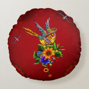 Funny sugar skull bird round cushion