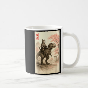 Funny Sumi-e Kawaii Cat Riding Dinosaur Japanese A Coffee Mug