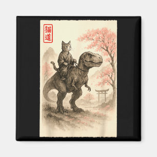 Funny Sumi-e Kawaii Cat Riding Dinosaur Japanese A Magnet
