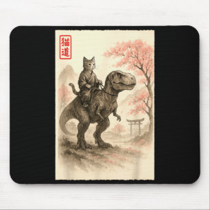 Funny Sumi-e Kawaii Cat Riding Dinosaur Japanese A Mouse Pad