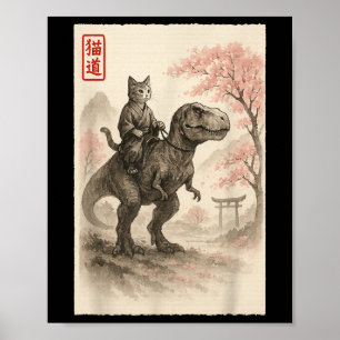 Funny Sumi-e Kawaii Cat Riding Dinosaur Japanese A Poster