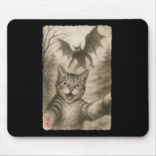 Funny Sumi-e Kawaii Surprised Scared Cat Selfie Wi Mouse Pad