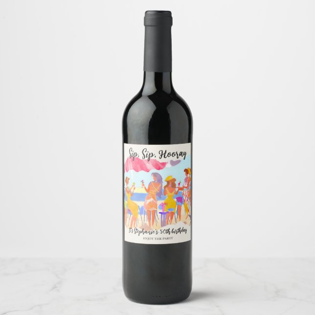 Funny Summer Beach Cocktail Women's 50th Birthday Wine Label (Front)