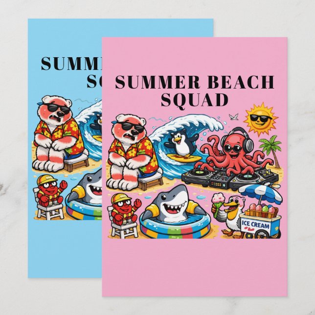 Funny Summer Beach Party Animals - DJ Octopus & Su Invitation (Front/Back)