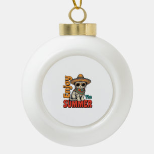 Funny Summer Cat Sombrero Vintage Engraving Design Ceramic Ball Christmas Ornament