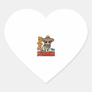 Funny Summer Cat Sombrero Vintage Engraving Design Heart Sticker