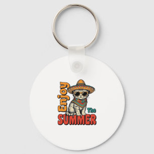 Funny Summer Cat Sombrero Vintage Engraving Design Key Ring