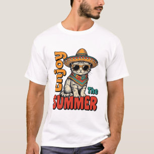 Funny Summer Cat Sombrero Vintage Engraving Design T-Shirt