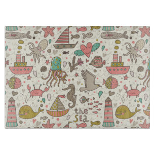 Funny Summer Pattern With Ships Cutting Board