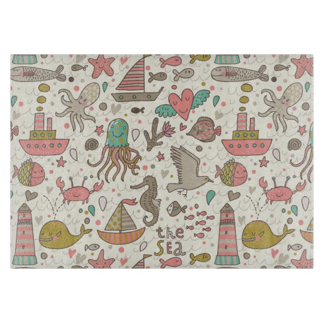Funny Summer Pattern With Ships Cutting Board (Front)