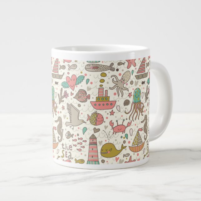 Funny Summer Pattern With Ships Large Coffee Mug (Front Right)