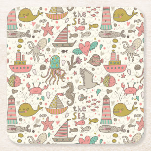 Funny Summer Pattern With Ships Square Paper Coaster