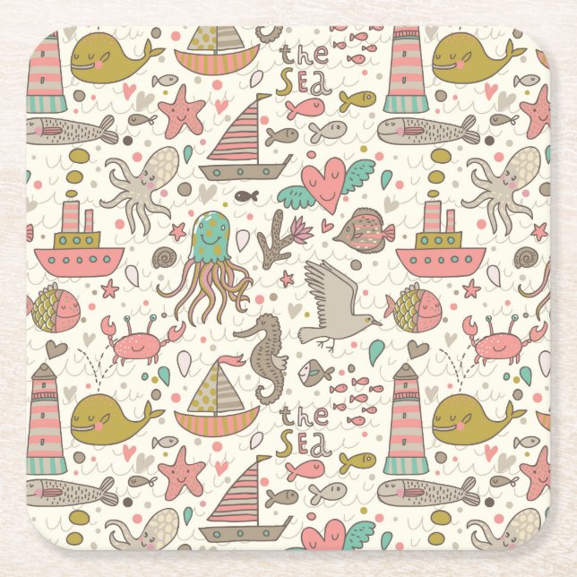 Funny Summer Pattern With Ships Square Paper Coaster (Front)
