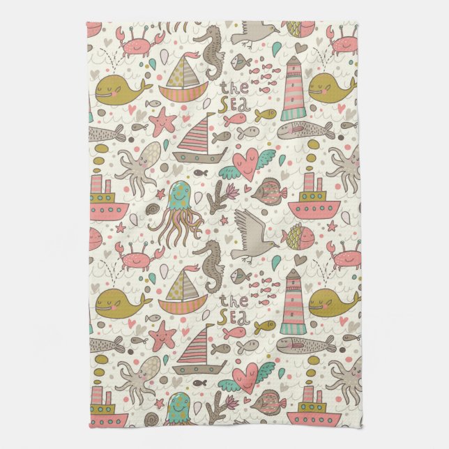 Funny Summer Pattern With Ships Tea Towel (Vertical)