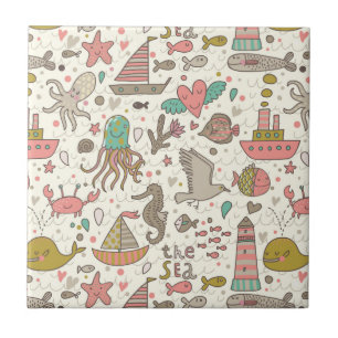 Funny Summer Pattern With Ships Tile