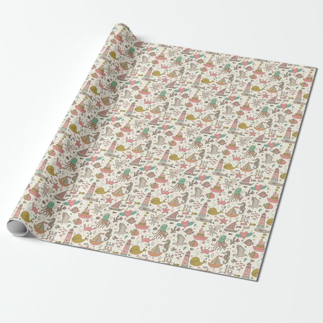 Funny Summer Pattern With Ships Wrapping Paper (Unrolled)