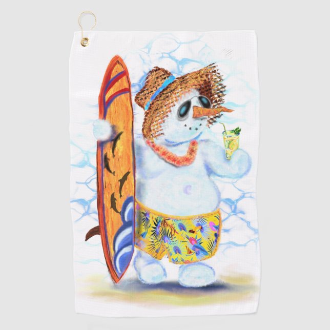 Funny Summer Snowman Surfer Drinks Fresh Cocktail  Golf Towel (Front)