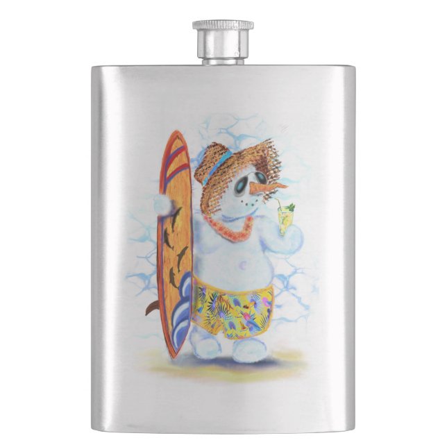Funny Summer Snowman Surfer Drinks Fresh Cocktail  Hip Flask (Front)
