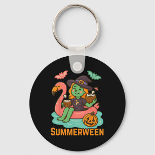 Funny Summerween Cute Witch Floating In Flamingo G Key Ring