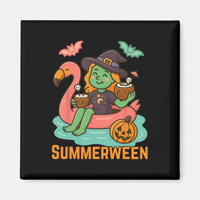 Funny Summerween Cute Witch Floating In Flamingo G Magnet (Front)