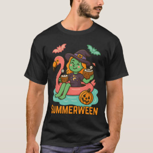 Funny Summerween Cute Witch Floating In Flamingo G T-Shirt