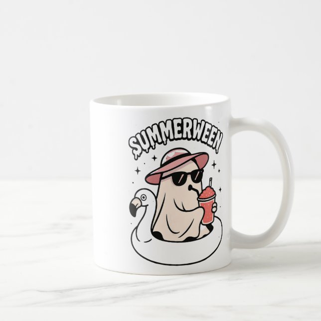 Funny Summerween Ghost Pink Floating In Flamingo C Coffee Mug (Right)