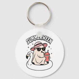 Funny Summerween Ghost Pink Floating In Flamingo C Key Ring