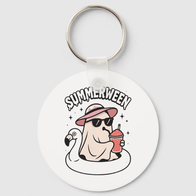 Funny Summerween Ghost Pink Floating In Flamingo C Key Ring (Front)