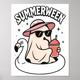 Funny Summerween Ghost Pink Floating In Flamingo C Poster