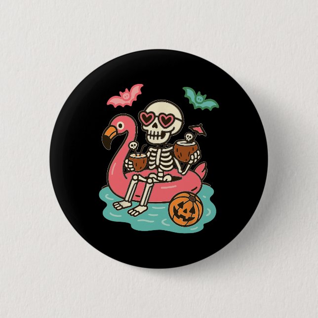 Funny Summerween Skeleton Floating In Flamingo Cut 6 Cm Round Badge (Front)