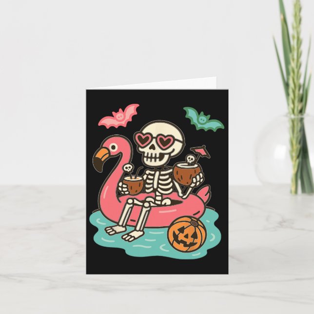 Funny Summerween Skeleton Floating In Flamingo Cut Card (Front)