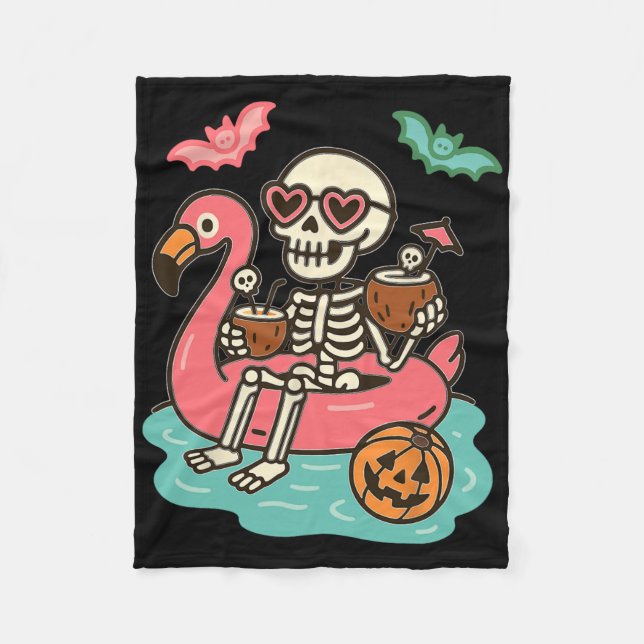Funny Summerween Skeleton Floating In Flamingo Cut Fleece Blanket (Front)