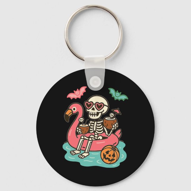 Funny Summerween Skeleton Floating In Flamingo Cut Key Ring (Front)