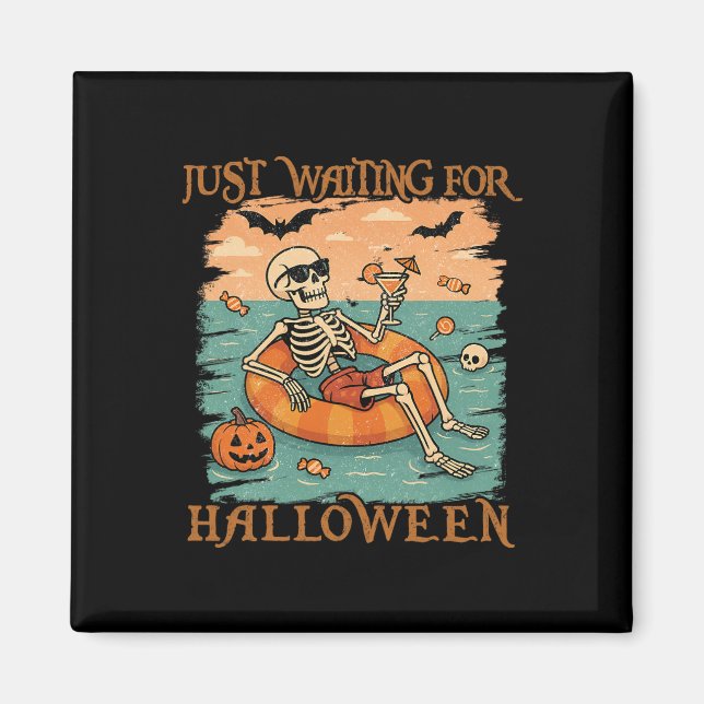 Funny Summerween Skeleton Floating In Flamingo Cut Magnet (Front)