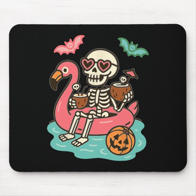 Funny Summerween Skeleton Floating In Flamingo Cut Mouse Pad (Front)