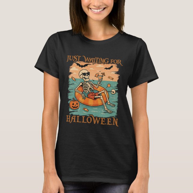 Funny Summerween Skeleton Floating In Flamingo Cut T-Shirt (Front)